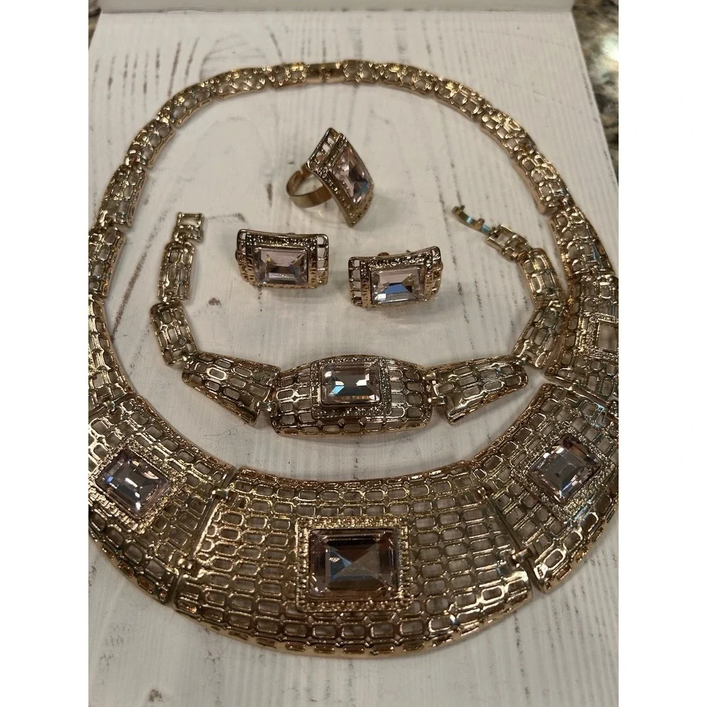 1980's Full Parure Gold Tone Pink Stones Collar Necklace Bracelet Earrings Ring